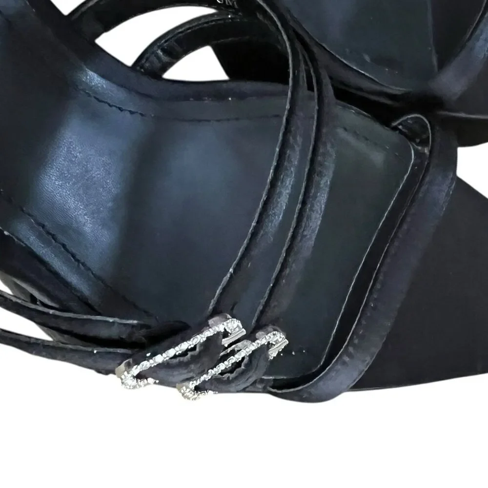 Lisa Vicky Black Satin Babe Strappy Platform Block Heel Sandals 8